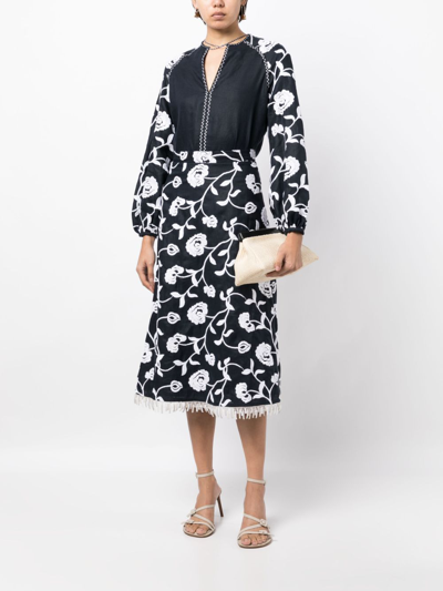 Silvia Tcherassi Bianca Floral Embroidered Fringe-hem Midi Skirt In Blue