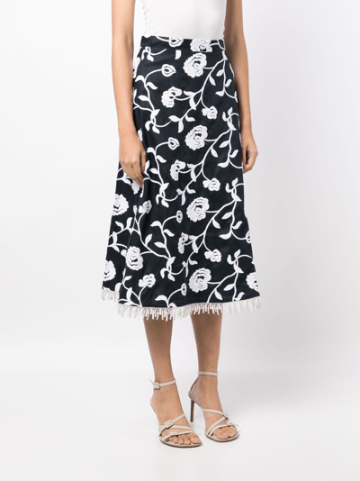 Silvia Tcherassi Bianca Floral Embroidered Fringe-hem Midi Skirt In Blue