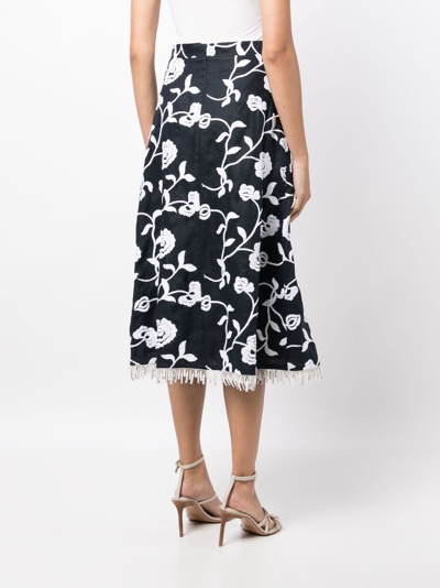 Silvia Tcherassi Bianca Floral Embroidered Fringe-hem Midi Skirt In Blue