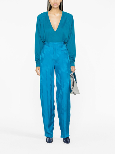 Attico Jagger Logo Jacquard Satin Wide Pants In Blau