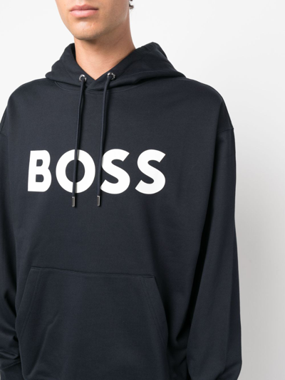 Shop Hugo Boss Logo-print Cotton Hoodie In Blau