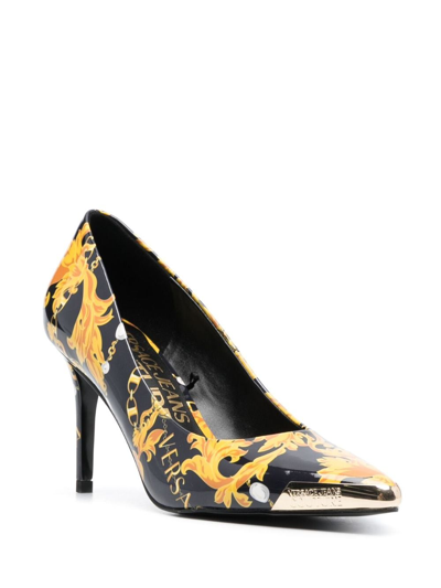 Shop Versace Jeans Couture 80mm Engraved-logo Leather Pumps In Black