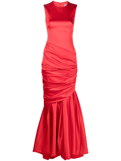 Shop Rasario Gathered-detail Satin-finish Gown In Red