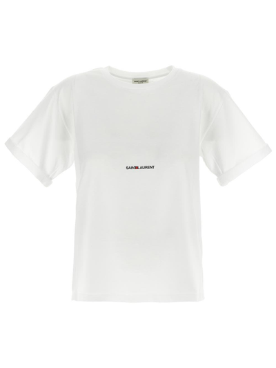 Saint Laurent Women Basic White T-shirt With Miiddle Logo Print In Cotton Woman In White