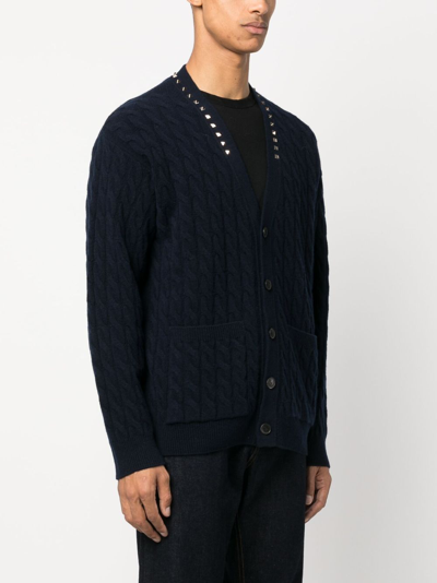 Shop Valentino Rockstud-embellished Cable-knit Cardigan In Blue