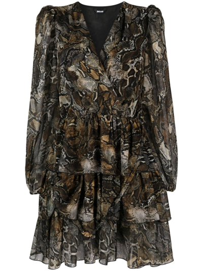 Shop Just Cavalli Snakeskin-print Ruffle-trim Minidress In Brown