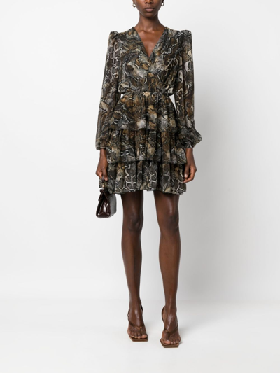 Shop Just Cavalli Snakeskin-print Ruffle-trim Minidress In Brown