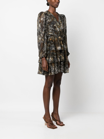 Shop Just Cavalli Snakeskin-print Ruffle-trim Minidress In Brown