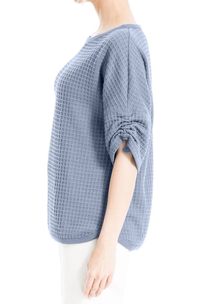 Max Studio Ruched Elbow Sleeve Waffle Knit Top In Flint Blue