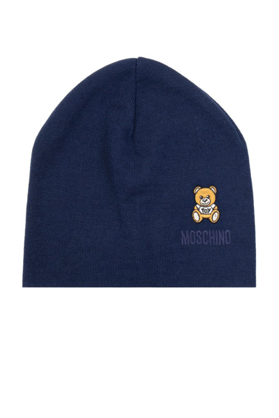 Shop Moschino Logo Embroidered Knitted Beanie In Navy