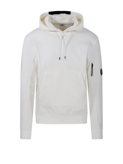 Shop C.p. Company Lens Detailed Drawstring Hoodie In White