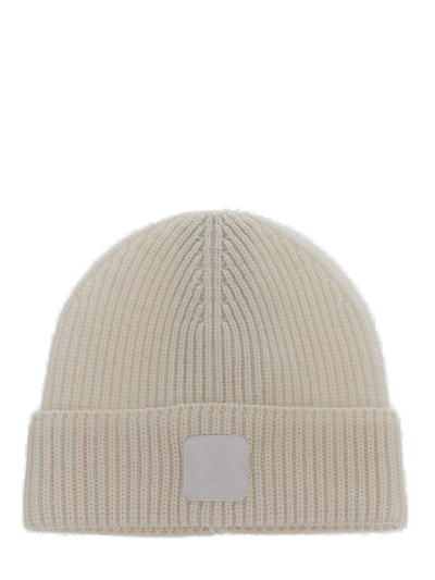 Shop C.p. Company Logo Patch Knitted Beanie In Beige
