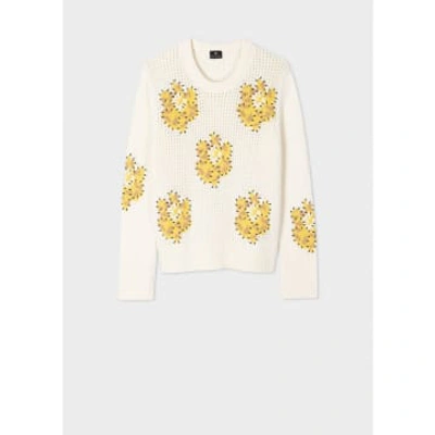 Shop Paul Smith White With Yellow Flower Detail Knitted Jumper