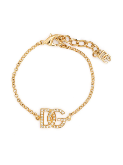 Shop Dolce & Gabbana Logo-charm Crystal-embellished Bracelet In Gold