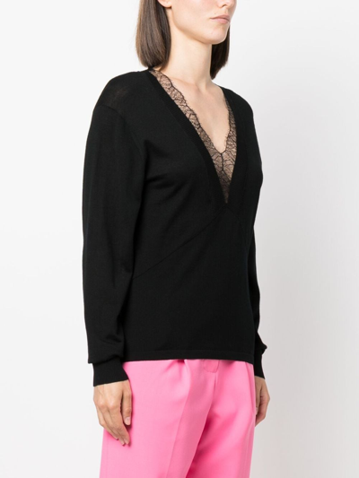 Shop Dorothee Schumacher Lace-detail Long-sleeve Wool Top In Black