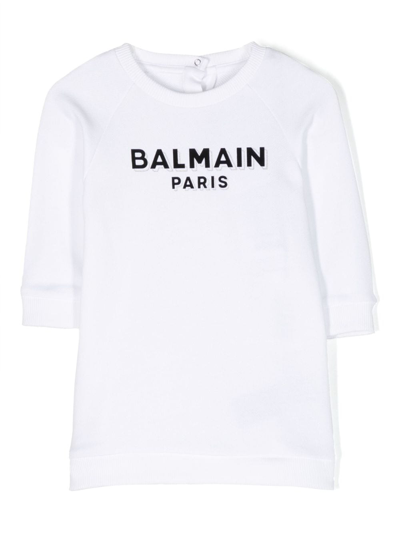 Shop Balmain Logo-print Cotton Sweatshirt Dress In White