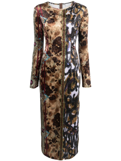Shop Pierre-louis Mascia Mix-print Long-sleeved Fitted Dress In Brown
