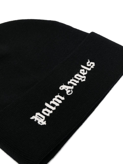 Shop Palm Angels Logo-embroidered Cotton Beanie In Black