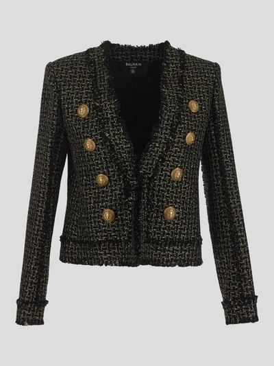 Shop Balmain Lurex Tweed Jacket In Noir/or