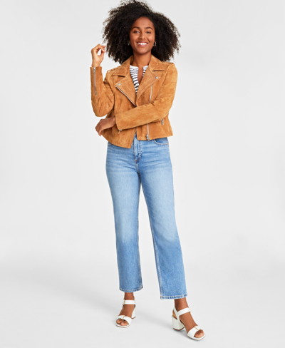 Shop On 34th Women's Suede Moto Jacket, Created For Macy's In Starlight Taupe