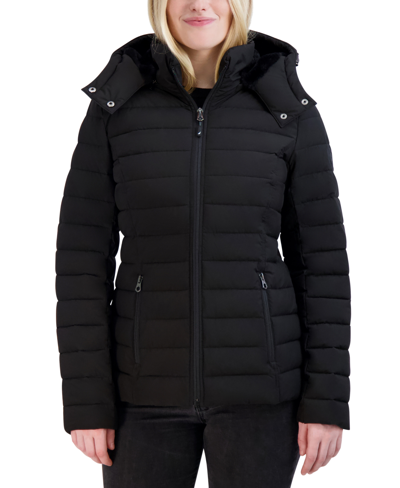 Shop Nautica Women's Stretch Faux-fur-hooded Packable Puffer Coat In Black