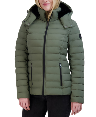 Nautica Women's Stretch Faux-fur-hooded Packable Puffer Coat In