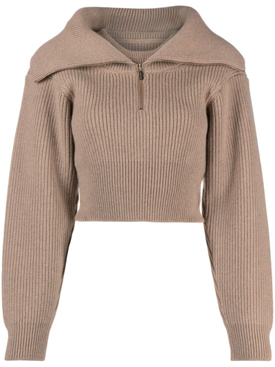 Shop Jacquemus Brown La Maille Risoul Cropped Sweater