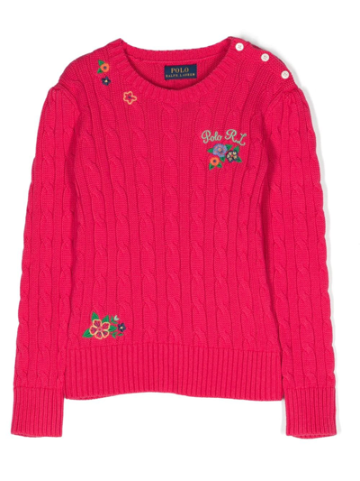 Shop Ralph Lauren Embroidered Cable-knit Jumper In Pink