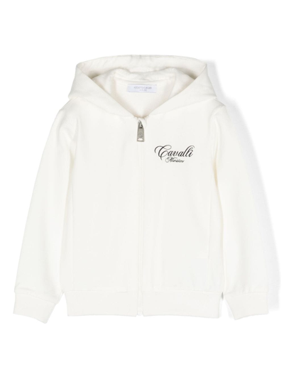 Shop Roberto Cavalli Junior Logo-embroidered Zipped Hoodie In Weiss