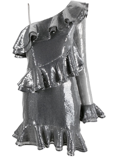 Shop Rotate Birger Christensen One-shoulder Ruffle-detail Dress In Silber