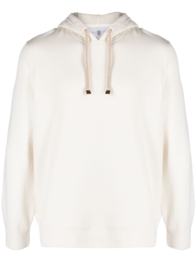 Shop Brunello Cucinelli Ribbed-knit Drawstring Hoodie In Weiss
