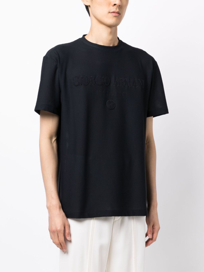 Shop Giorgio Armani Logo-embroidered Perforated T-shirt In Blue