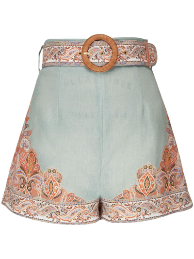 Shop Zimmermann Devi Paisley-print Linen Shorts In Green