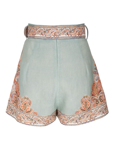 Shop Zimmermann Devi Paisley-print Linen Shorts In Green