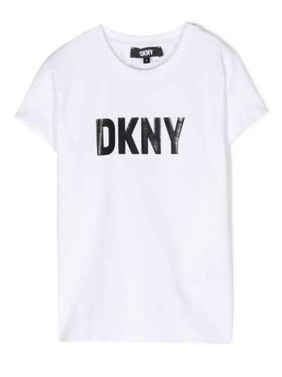 Shop Dkny T-shirt Bianca In Jersey Di Cotone Bambino In Nero