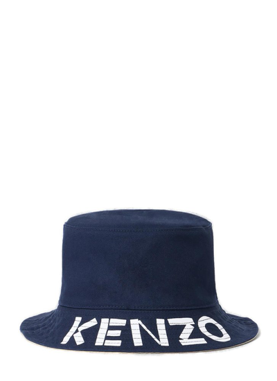 Shop Kenzo Kenz Logo Print Reversible Bucket Hat In Navy