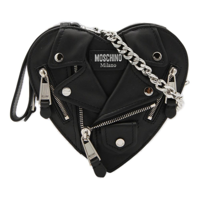 Shop Moschino Heart Biker Zip Detailed Shoulder Bag In Black