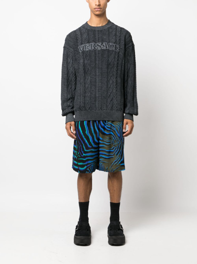 Shop Versace Greca Cable-knit Jumper In Black