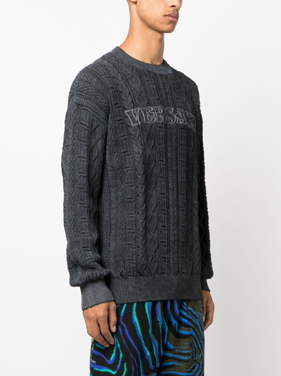 Shop Versace Greca Cable-knit Jumper In Black
