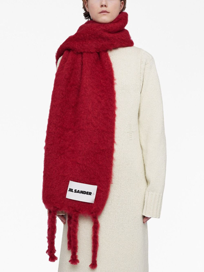 Shop Jil Sander Logo-patch Chunky-knit Scarf In Red