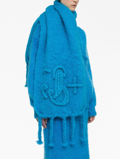 Shop Jil Sander Logo-embroidered Chunky-knit Scarf In Blue