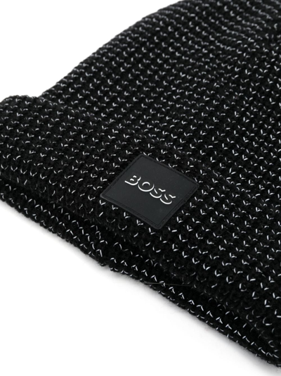 Shop Bosswear Metallic-thread Logo-patch Beanie Hat In Black