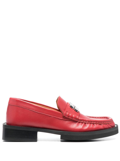 Shop Ganni Rhinestone-embellished Leather Loafers In Red
