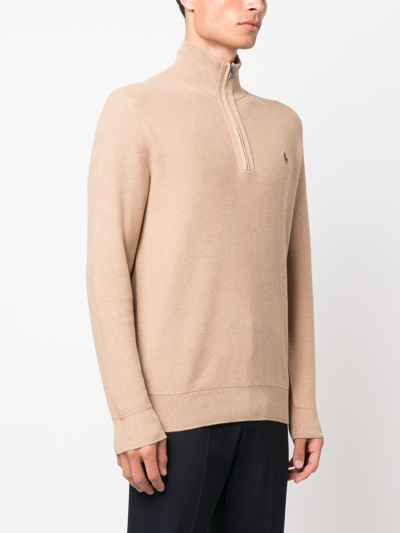Shop Polo Ralph Lauren Piqué-wave High-neck Sweatshirt In Brown