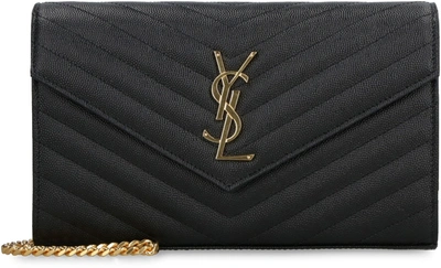 Shop Saint Laurent Cassandra Leather Wallet On Chain In Black