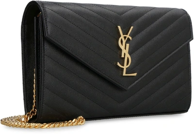 Shop Saint Laurent Cassandra Leather Wallet On Chain In Black