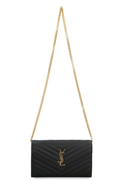 Shop Saint Laurent Cassandra Leather Wallet On Chain In Black