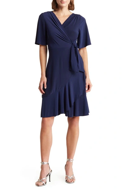 Shop Tash And Sophie Flounce Faux Wrap Dress In Navy