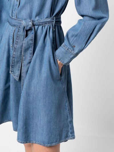 Shop Tommy Hilfiger Belted Denim Mini Shirtdress In Blue