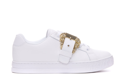 Shop Versace Jeans Couture Barocco Buckle Sneakers In White